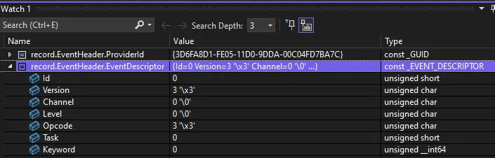 Event record displayed in the debugger watch windows