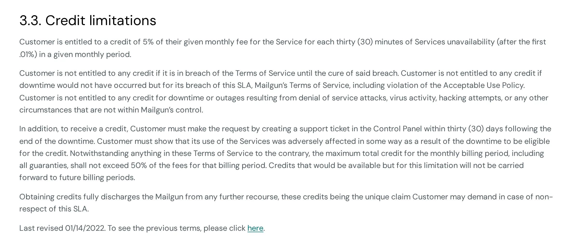 Credit limitations section of the Mailjet SLA